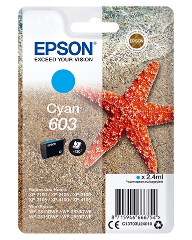 Epson Cartuccia Originale Ciano 603 - Capacità 2,4 ml, Fino a 130 Pagine, Compatibile con Stampanti Epson