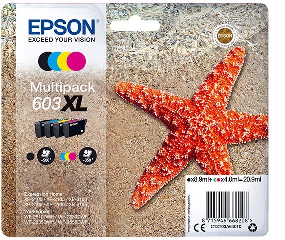 Epson 603XL Multipack Cartucce d'Inchiostro Originali 4 Colori - Nero 8,9 ml, Ciano 4,0 ml, Magenta 4,0 ml, Giallo 4,0 ml