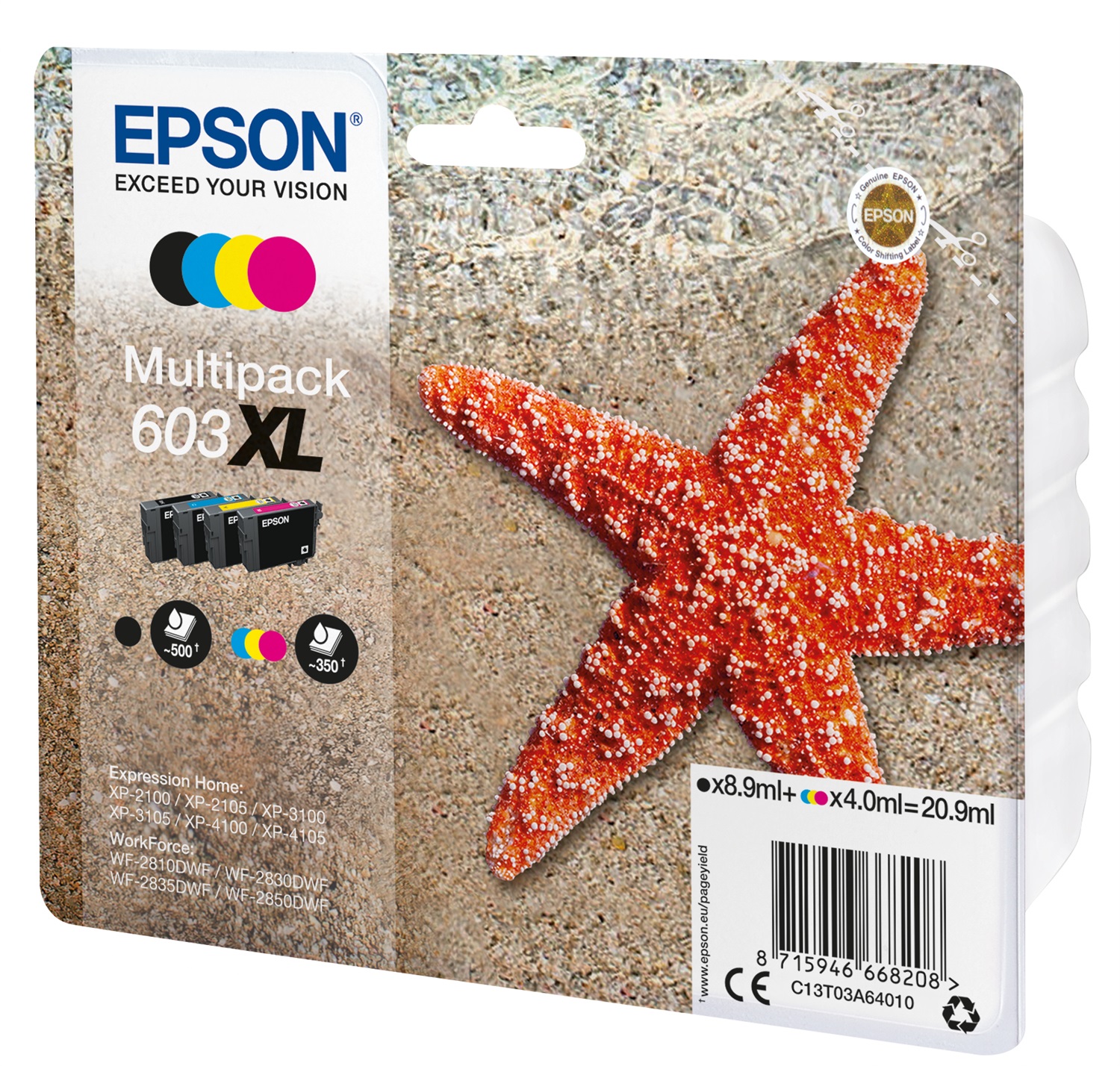 Epson 603XL Multipack Cartucce d'Inchiostro Originali 4 Colori - Nero 8,9 ml, Ciano 4,0 ml, Magenta 4,0 ml, Giallo 4,0 ml