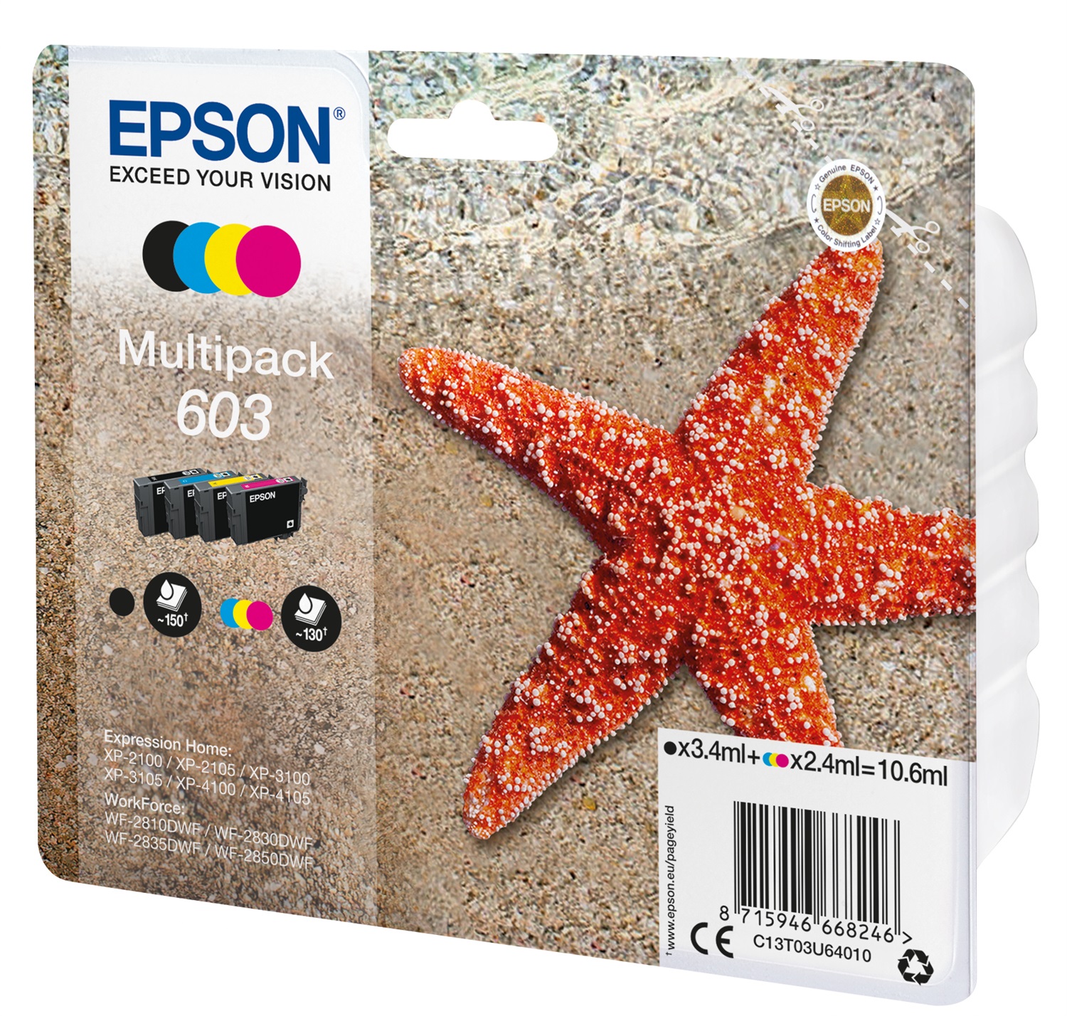 Epson Multipack C13T03U64010 - 4 Colori (Nero, Ciano, Magenta, Giallo) - Resa Standard, 3,4 ml 2,4 ml - Fino a 150 Pagine