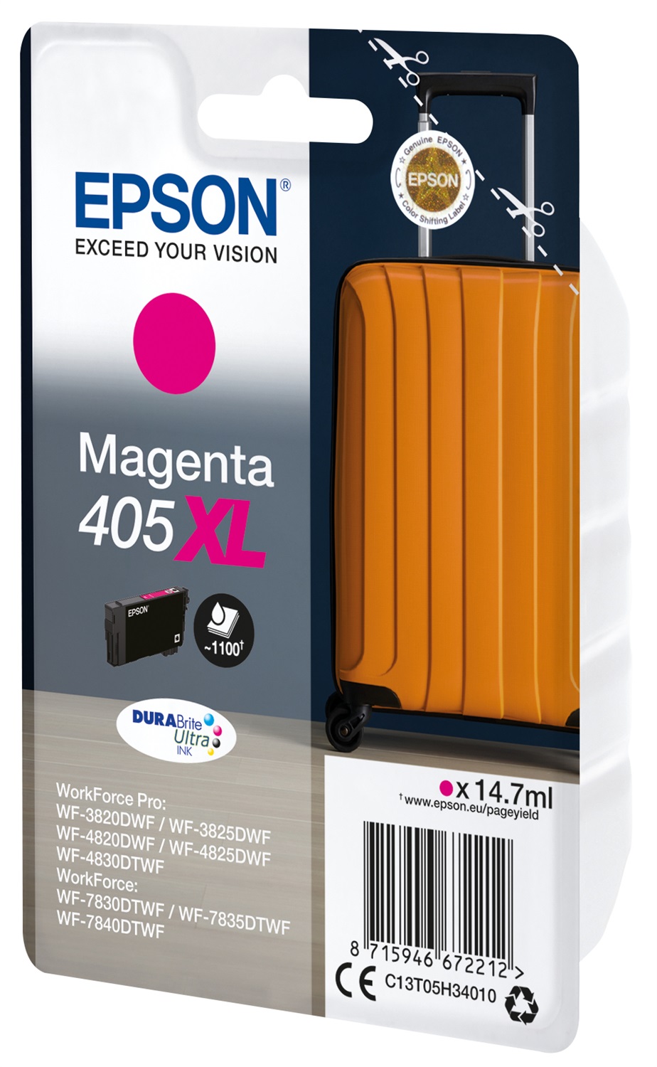Epson C13T05H34010 Cartuccia d'Inchiostro Magenta 405XL DURABrite Ultra Ink, 14,7 ml, Resa di circa 1.100 Pagine, Singlepack