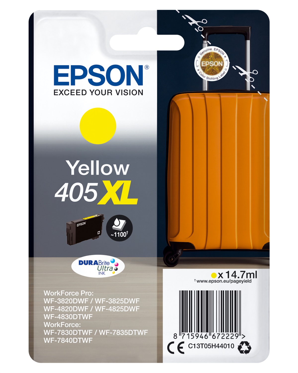 Epson Cartuccia d'Inchiostro Giallo C13T05H44010 405XL DURABrite Ultra Ink - 14,7 ml, Resa Elevata (fino a 1.100 pagine)