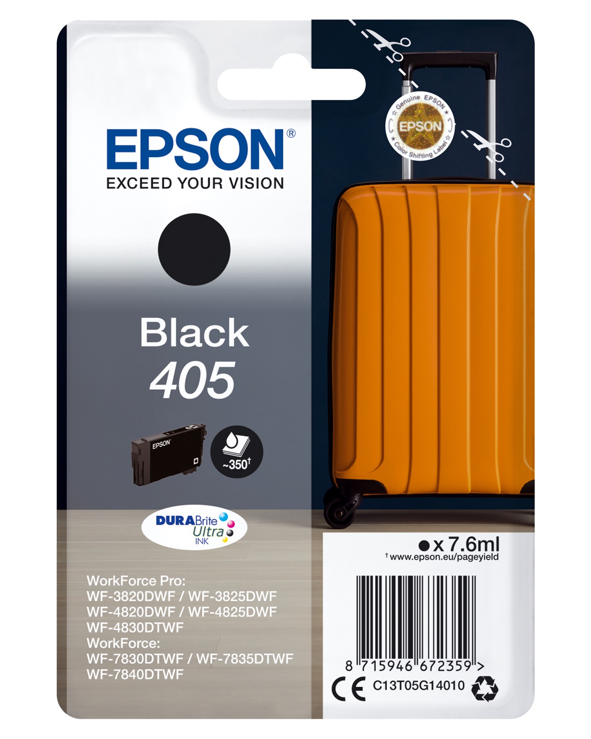 Epson C13T05G14010 Cartuccia d'Inchiostro Nero 405 DURABrite Ultra Ink - 7,6 ml, circa 350 pagine, compatibile con WorkForce e Pro WF
