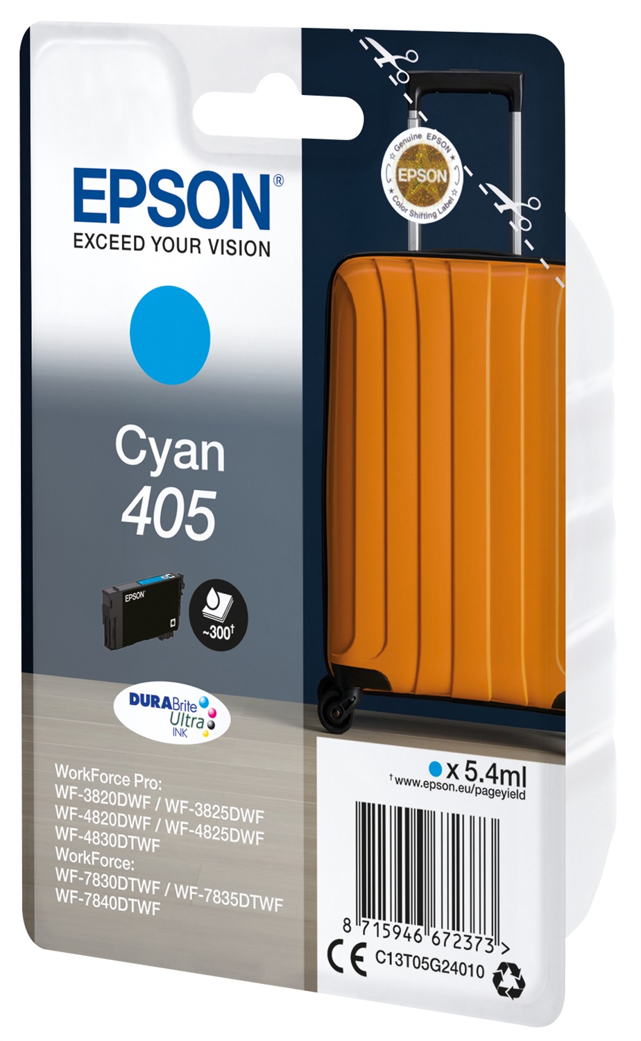 Epson Cartuccia Originale Ciano 405 C13T05G24010 - 5,4 ml, Resa 300 Pagine, Inchiostro a Base di Pigmento