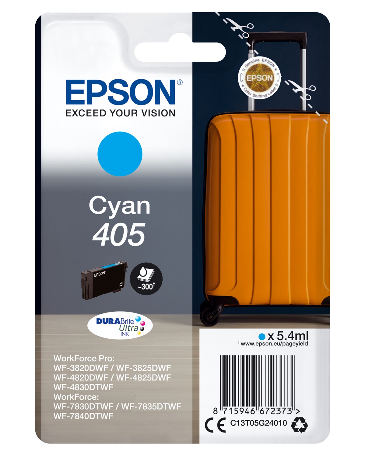 Epson Singlepack Cyan 405 DURABrite Ultra Ink - Inchiostro a base di pigmento, 5,4 ml, Resa standard