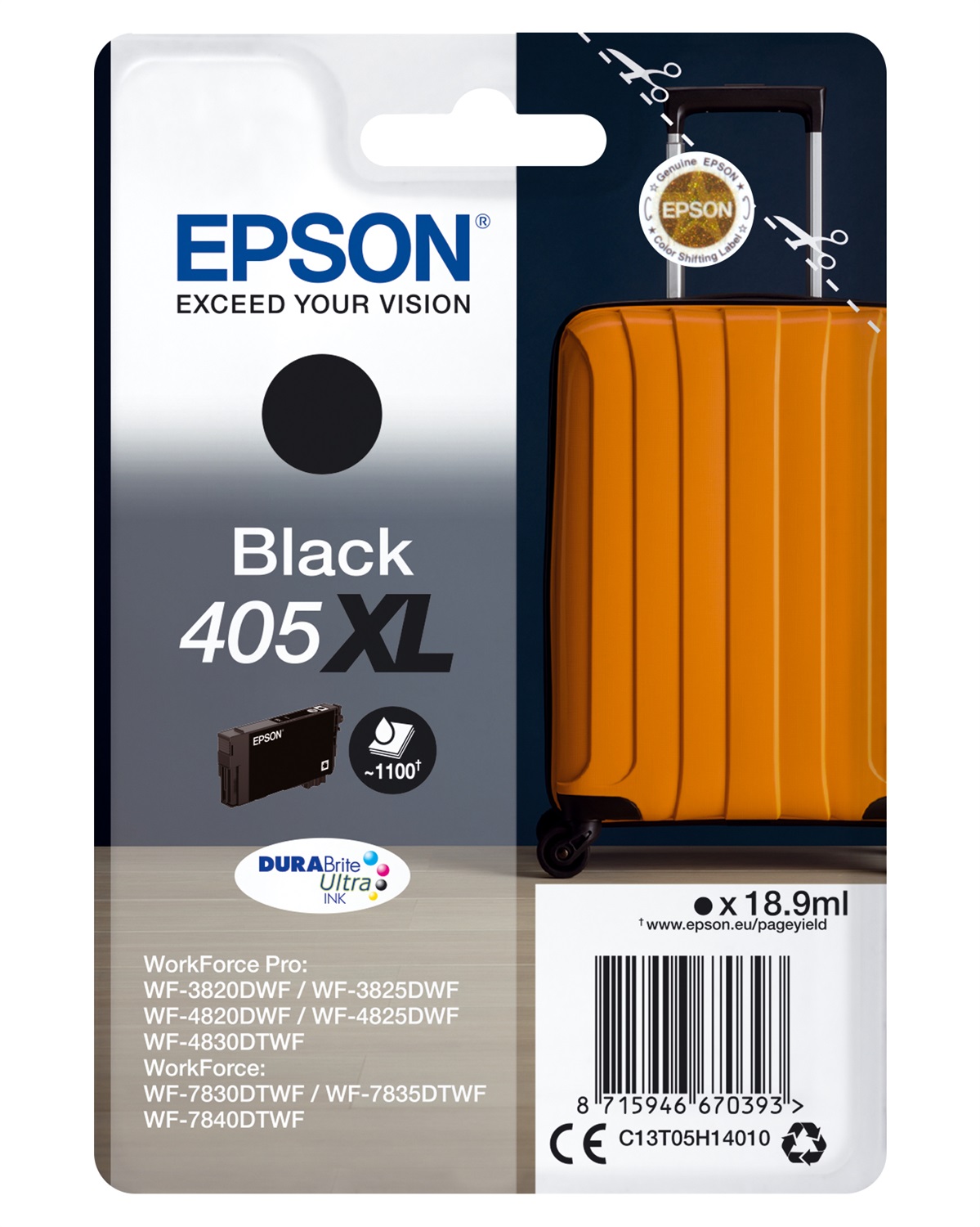 Epson Singlepack Black 405XL DURABrite Ultra Ink - Inchiostro a base di pigmento, 18,9 ml, Resa elevata (XL), Confezione singola