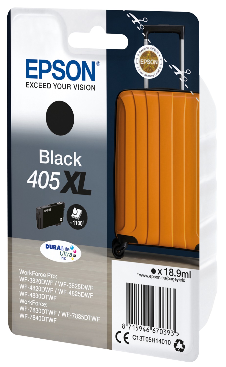 Epson Singlepack Black 405XL DURABrite Ultra Ink - Inchiostro a base di pigmento, 18,9 ml, Resa elevata (XL), Confezione singola