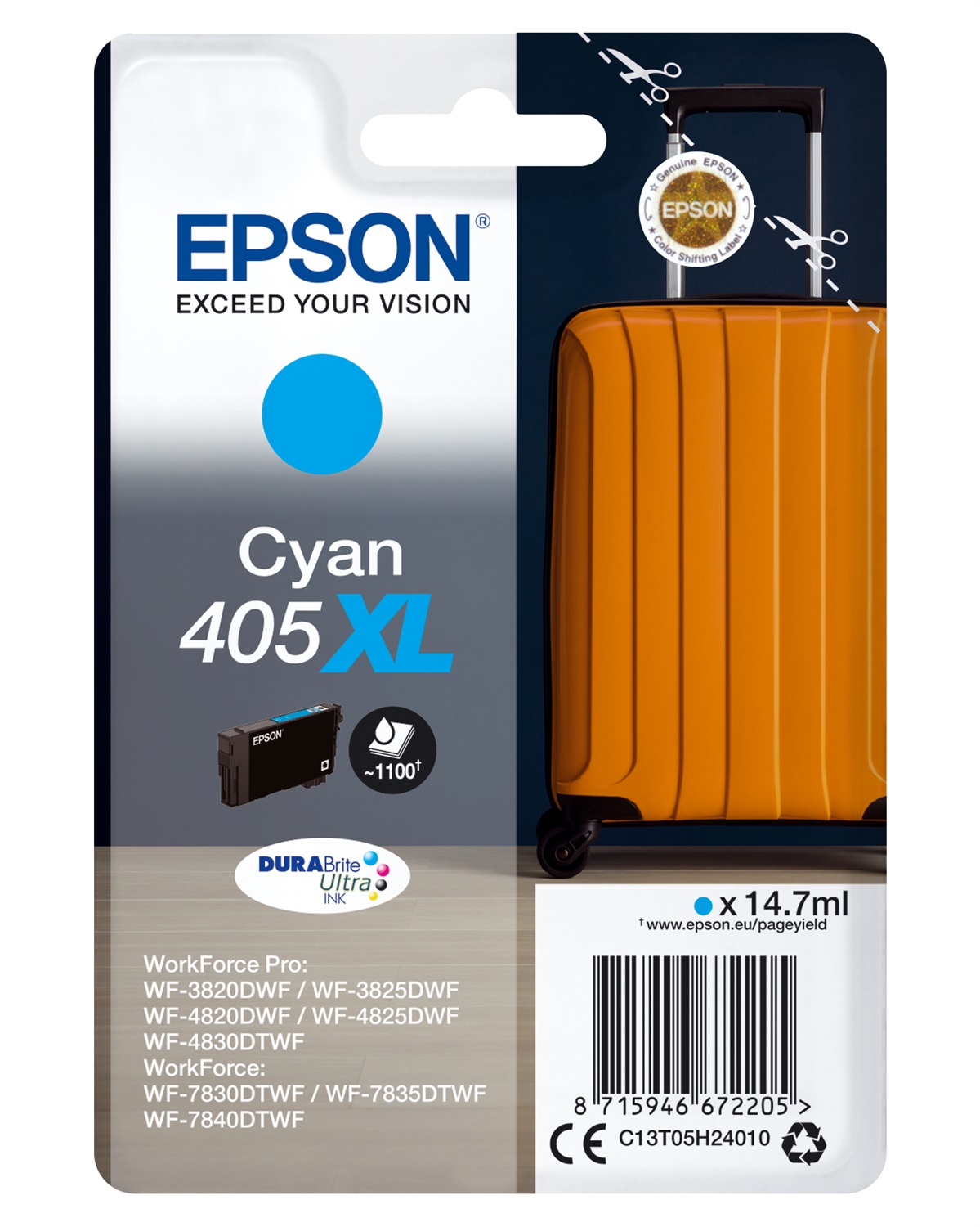 Epson Cartuccia Ciano 405XL DURABrite Ultra Ink - 14,7 ml, Resa Elevata, Inchiostro a Base di Pigmento, Confezione Singola