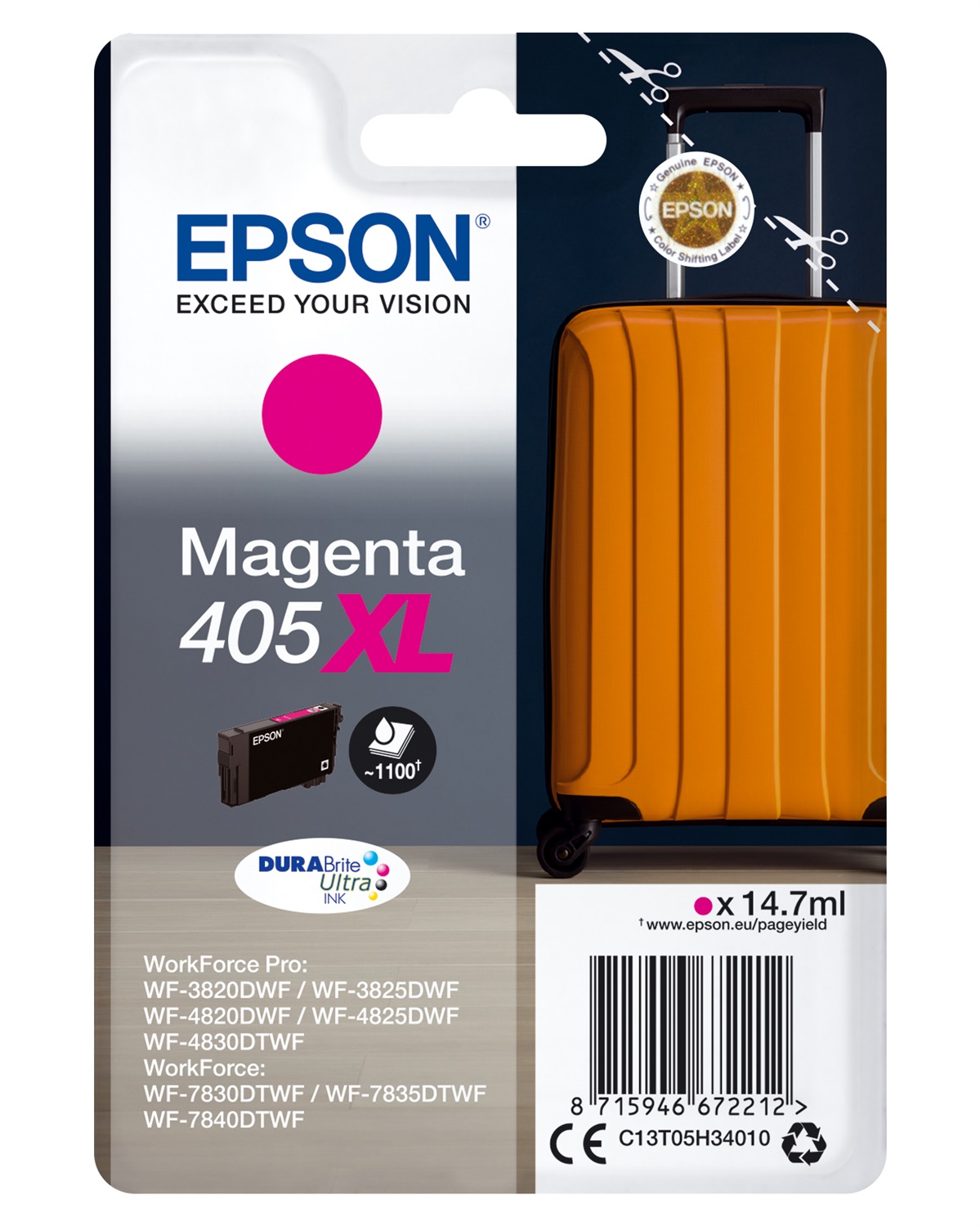 Epson Singlepack Magenta 405XL DURABrite Ultra Ink - 14,7 ml, Inchiostro a base di pigmento, Resa elevata