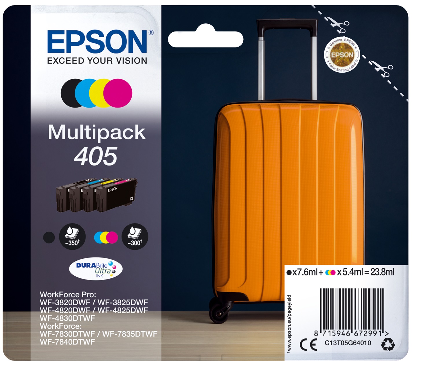 Epson Multipack 4-colours 405 DURABrite Ultra Ink - C13T05G64010, Inchiostro a base di pigmento, Resa standard, 7,6 ml 3x5,4 ml