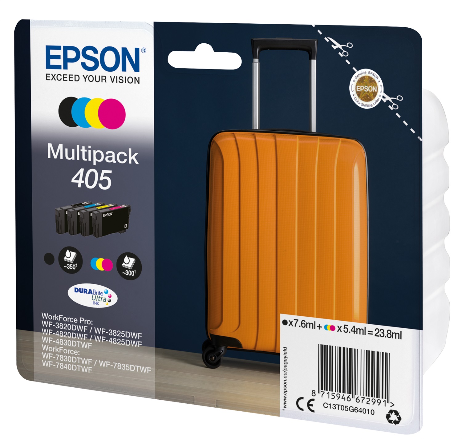 Epson Multipack 4-colours 405 DURABrite Ultra Ink - C13T05G64010, Inchiostro a base di pigmento, Resa standard, 7,6 ml 3x5,4 ml