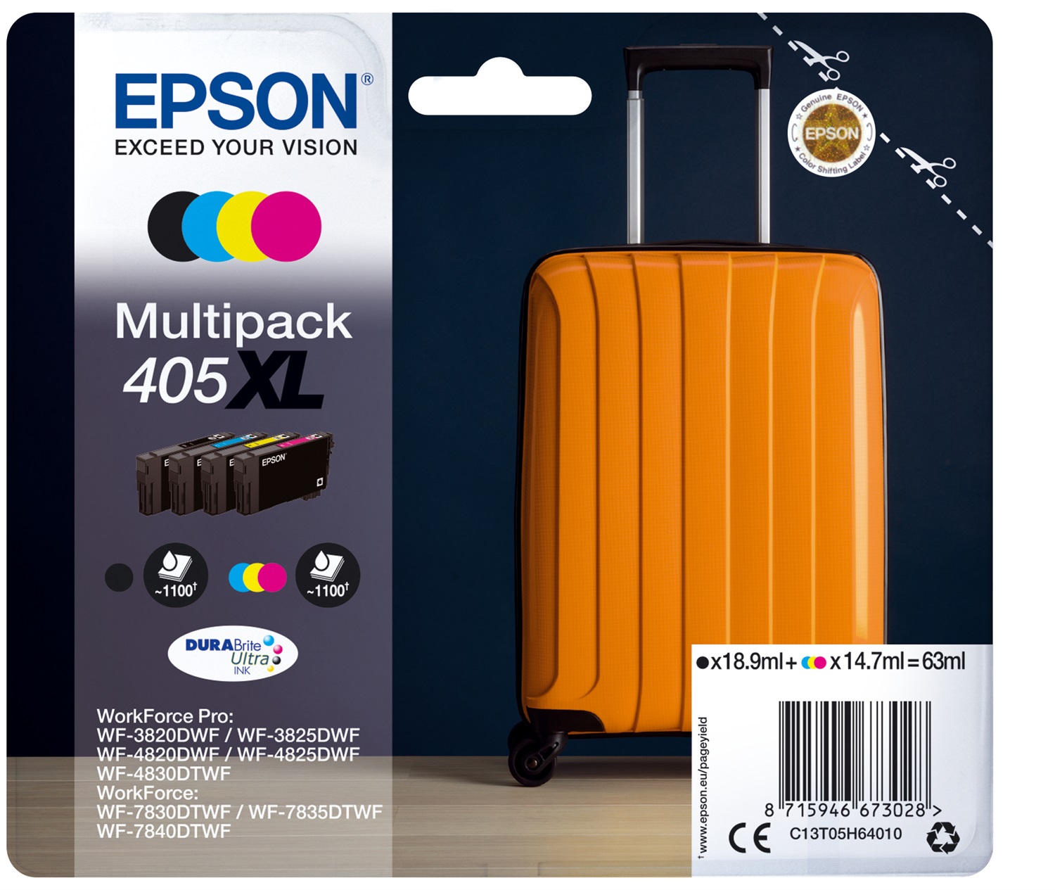 Epson Cartuccia Inchiostro Originale 405XL DURABrite Ultra Multipack 4 Colori (Nero, Ciano, Magenta, Giallo) - Alta Resa