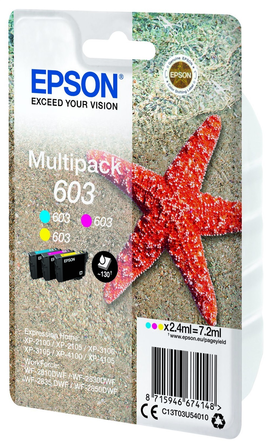 Epson Multipack 3-colours 603 Ink - Originale, Ciano, Magenta, Giallo, Resa Standard, 2,4 ml, Fino a 130 pagine