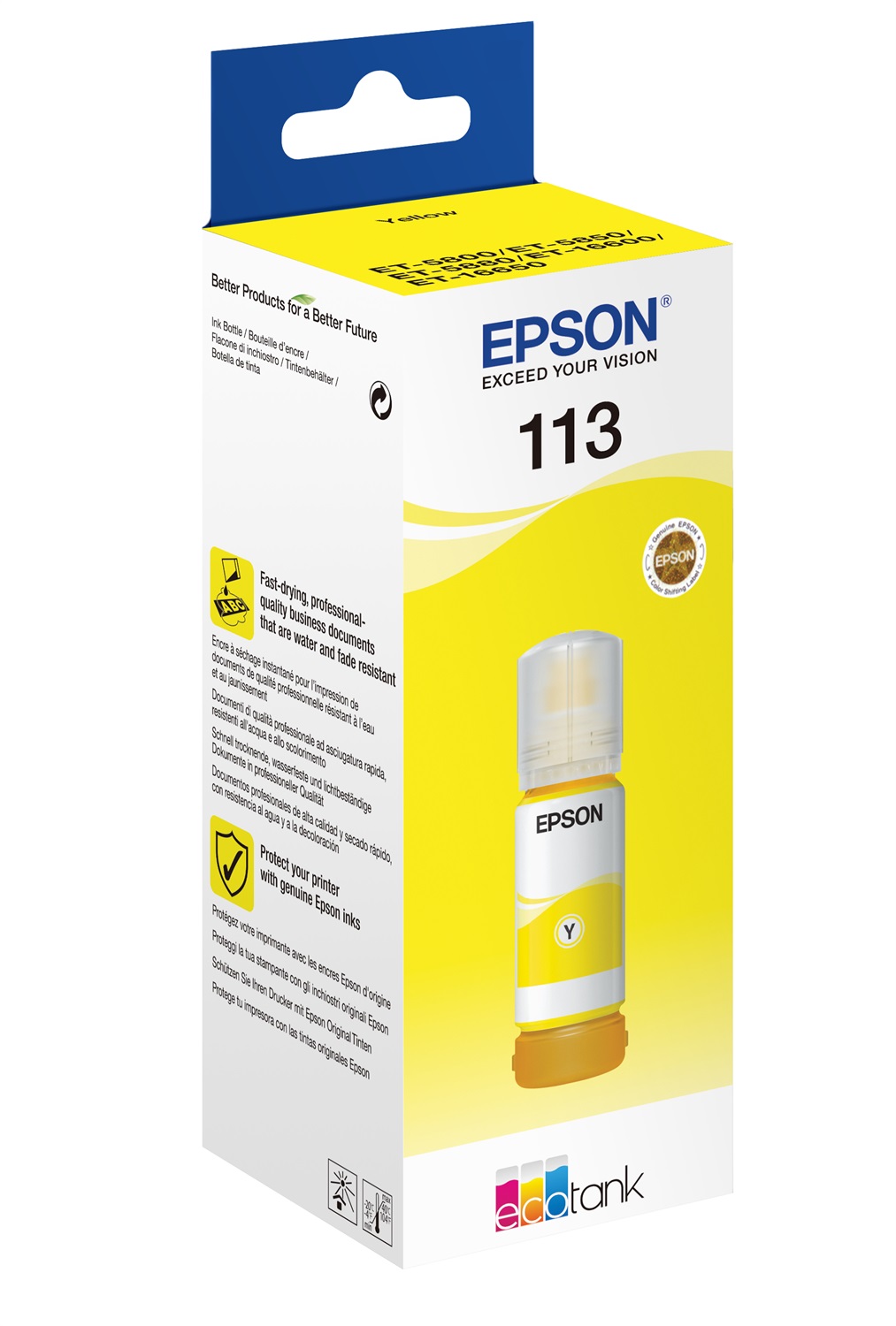 Epson 113 EcoTank Pigment Yellow Ink Bottle - 70 ml, Fino a 6000 Pagine, Compatibile con EcoTank ET-5880, ET-5850, ET-5800, ET-16650, ET-16600