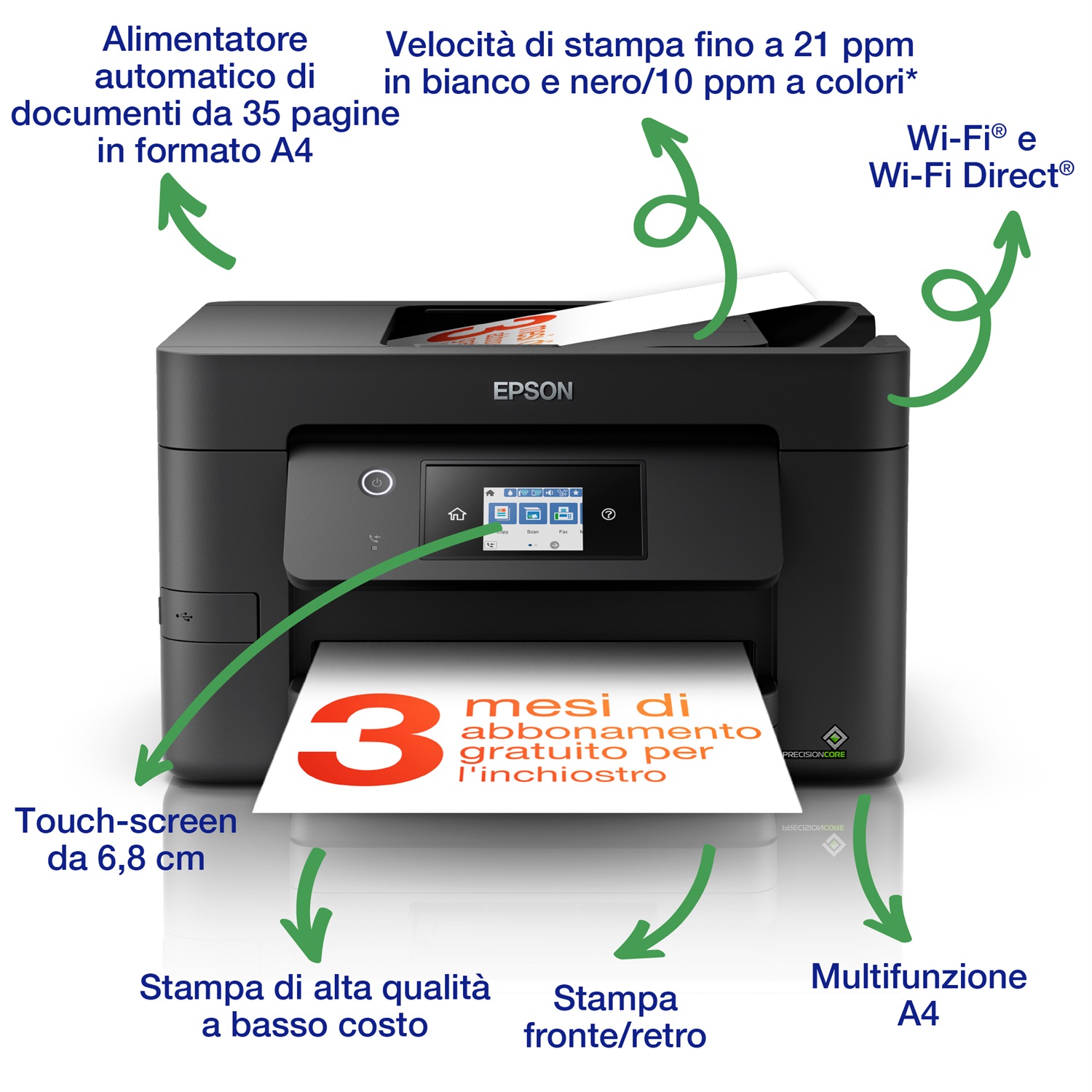 Epson WorkForce Pro WF-3825DWF - Stampante multifunzione A4 getto d'inchiostro 4in1 (stampa, scansione, copia, fax), risoluzione 4800 x 2400 DPI, WiFi Direct, Display LCD 6.8cm, 3 mesi inchiostro incluso con ReadyPrint