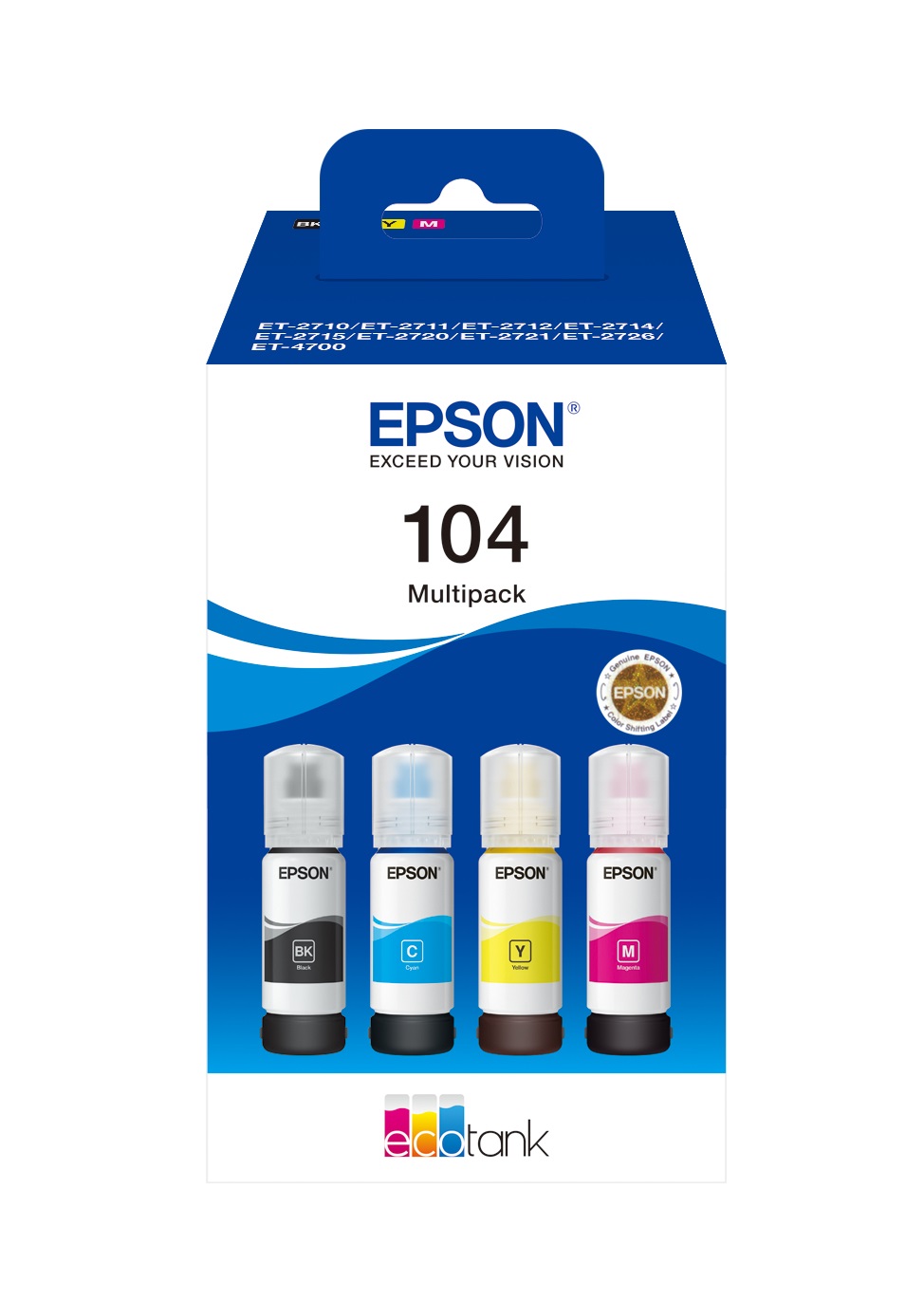Epson 104 EcoTank Multipack 4 Colori (Nero, Ciano, Magenta, Giallo) - 65 ml per EcoTank ET-2710/ET-2711/ET-2712/ET-2714/ET-2715/ET-2720/ET-2721/ET-4700