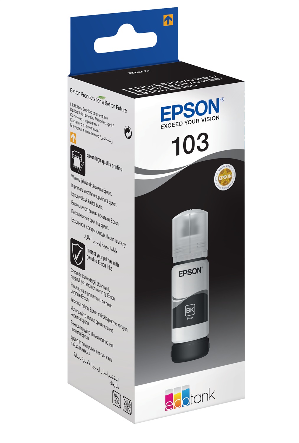 Epson 103 EcoTank Black Ink Bottle - 65 ml, Confezione singola, Nero, Compatibile con EcoTank ET-L5190, ET-L3151, ET-L3150, ET-L3110, ET-L3156, ET-L3160