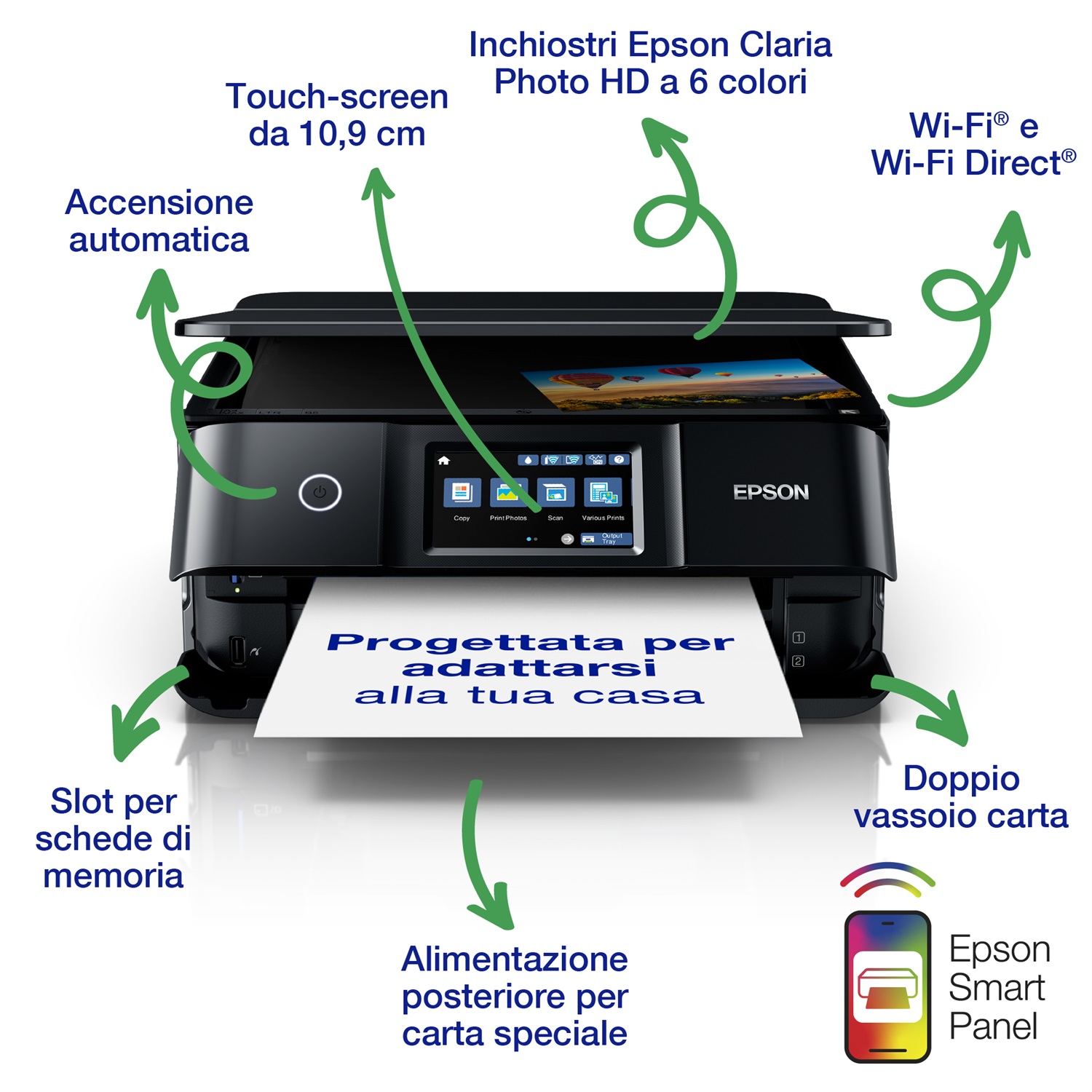 Epson Expression Photo XP-8700 Stampante Multifunzione A4 Inkjet, Stampa, Copia, Scansione, Wi-Fi Direct, USB, LCD 10,9 cm, Stampa CD/DVD, Fronte/Retro, App Smart Panel, 3 mesi di inchiostro incluso