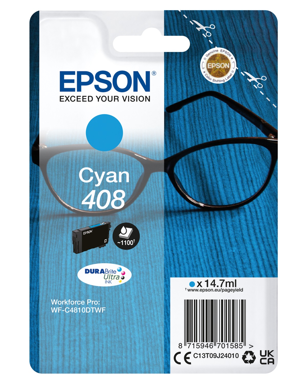 Epson Singlepack Cyan 408 DURABrite Ultra Ink - 14,7 ml, Resa standard, Inchiostro a base di pigmento, 1100 pagine