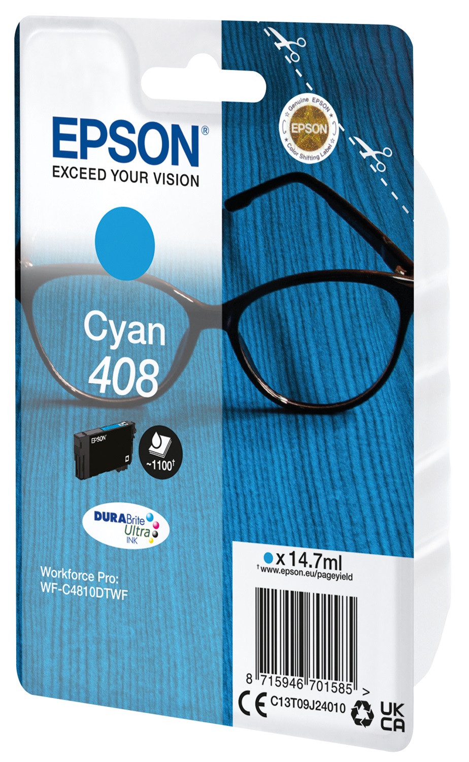 Epson Singlepack Cyan 408 DURABrite Ultra Ink - 14,7 ml, Resa standard, Inchiostro a base di pigmento, 1100 pagine
