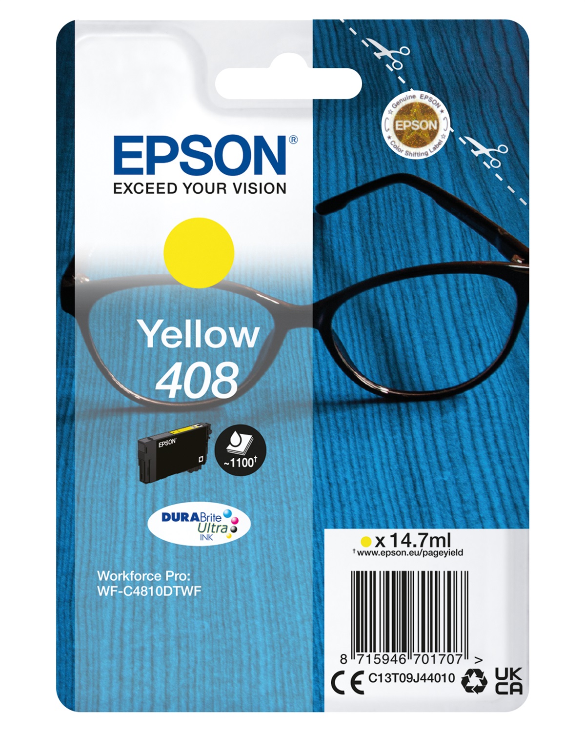 Epson Singlepack Yellow 408 DURABrite Ultra Ink - C13T09J44010, 14,7 ml, Inchiostro a base di pigmento, Resa standard, ~1100 pagine