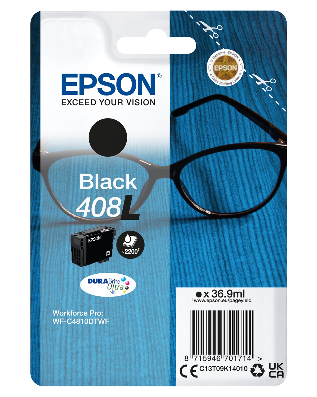 Epson C13T09K14010 Singlepack Black 408L DURABrite Ultra Ink, 36,9 ml, ~2200 pagine, Inchiostro a base di pigmento