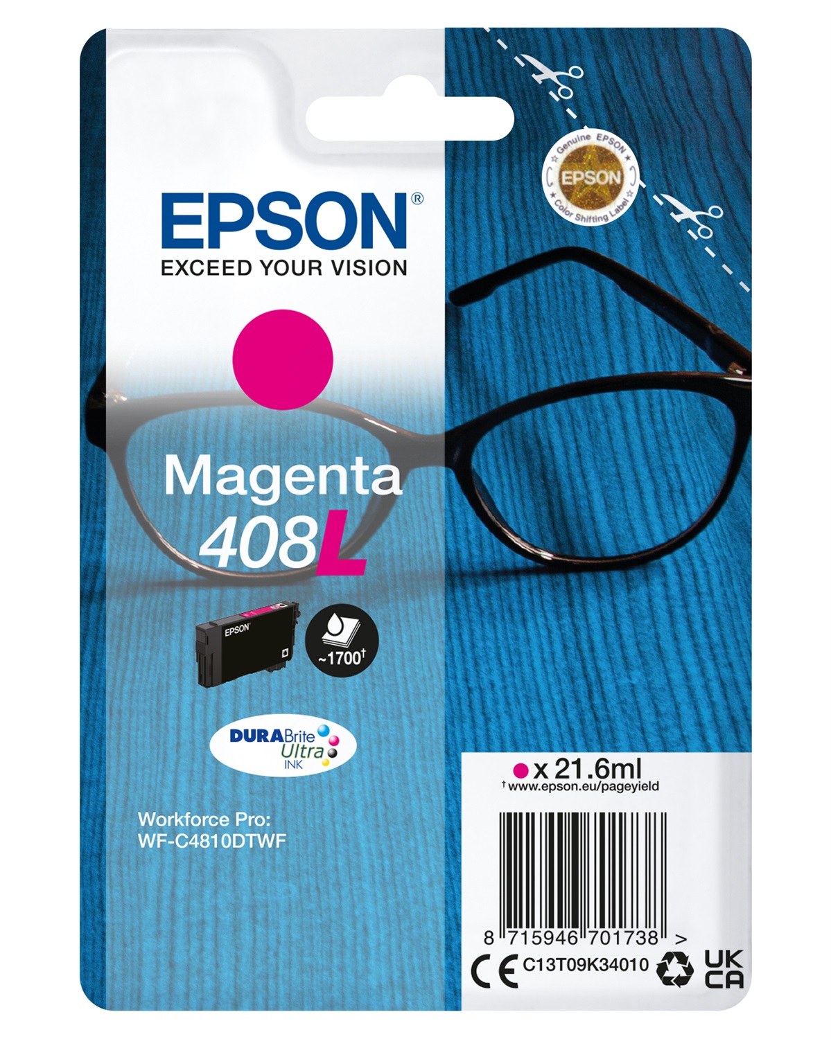 Epson Cartuccia d'Inchiostro Magenta C13T09K34010 408L - Resa Elevata (1700 Pagine), Inchiostro a Base di Pigmento, 21,6 ml