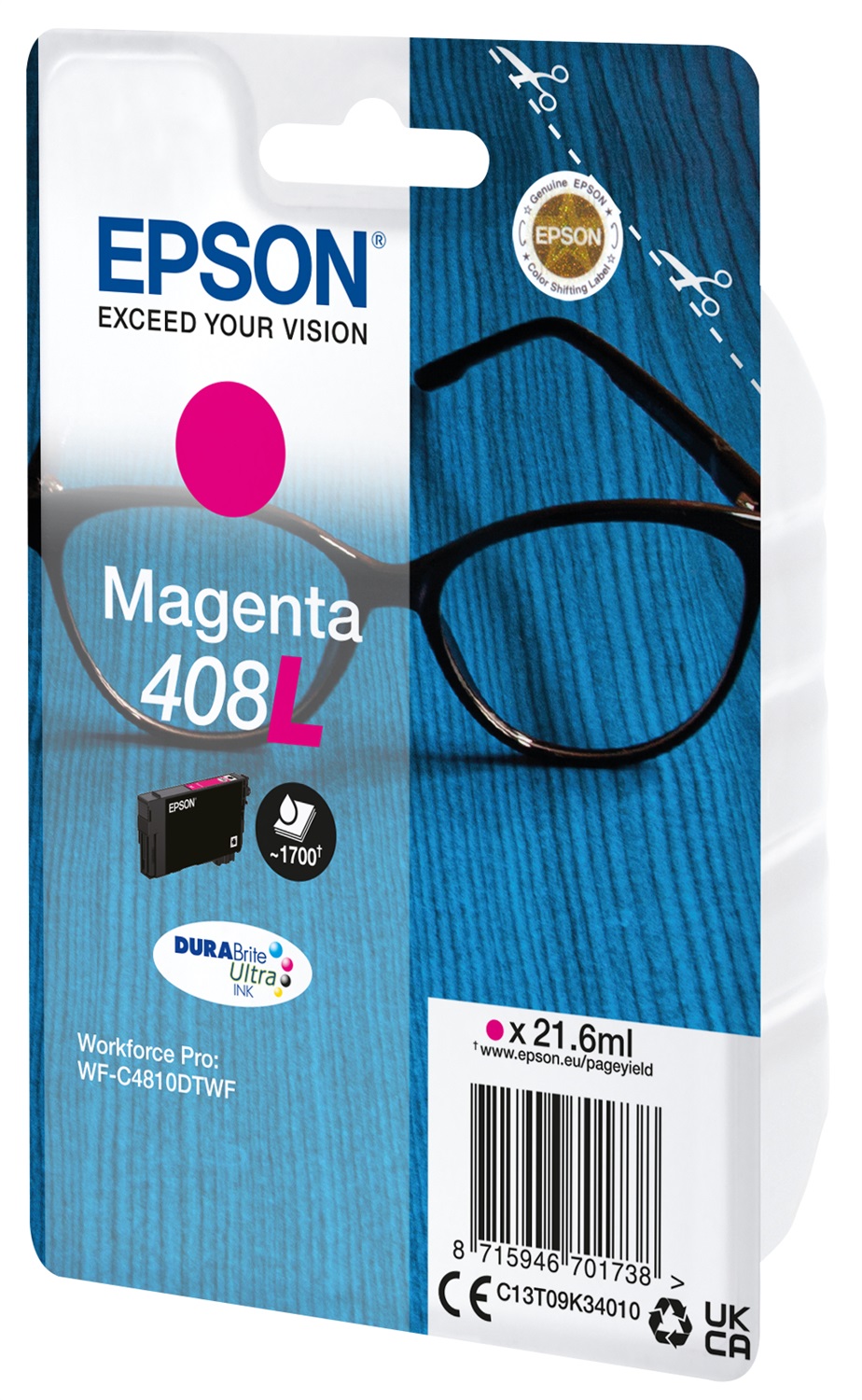 Epson Cartuccia d'Inchiostro Magenta C13T09K34010 408L - Resa Elevata (1700 Pagine), Inchiostro a Base di Pigmento, 21,6 ml