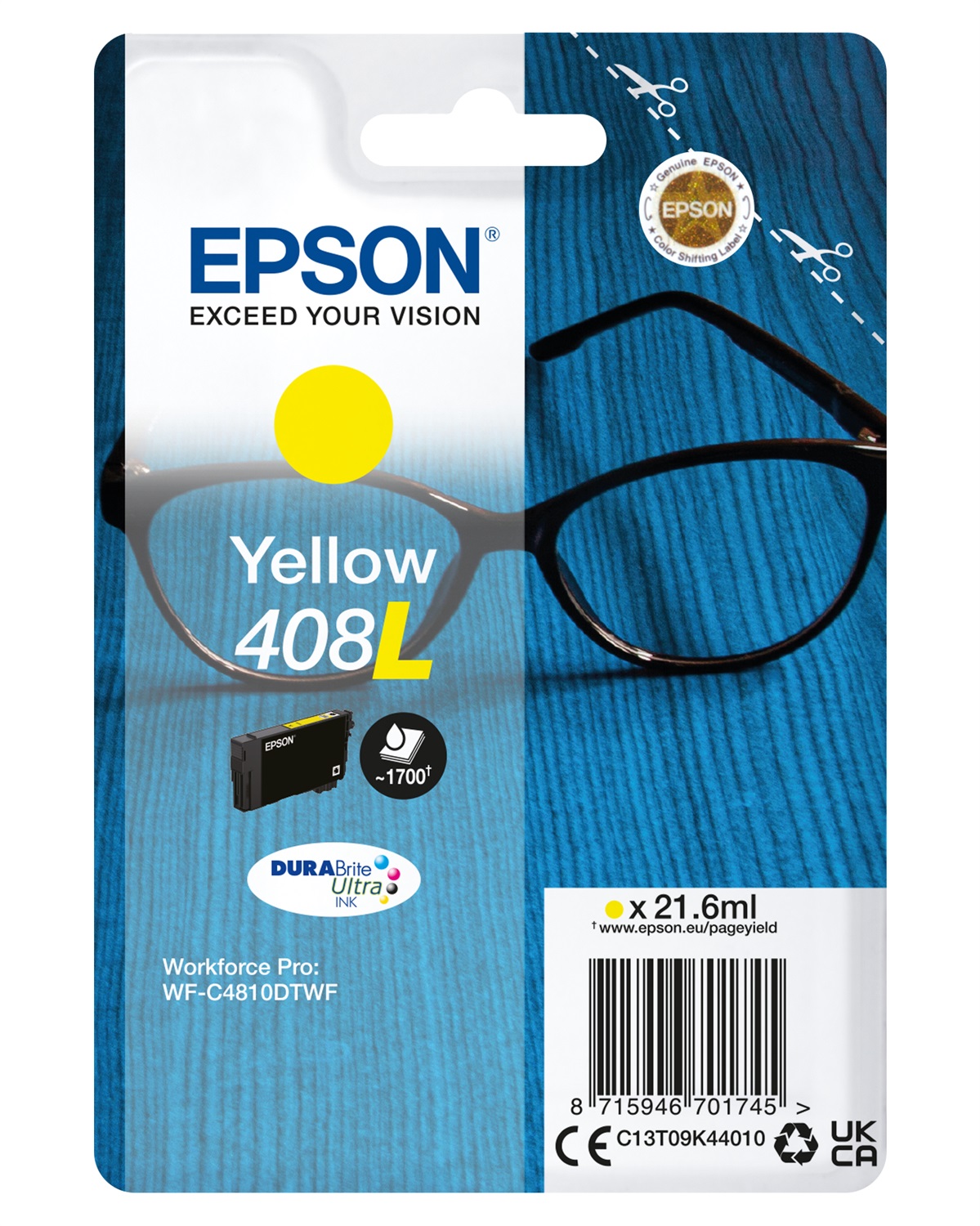 Epson Singlepack Yellow 408L DURABrite Ultra Ink - C13T09K44010, 21,6 ml, Resa elevata (XL), Inchiostro a base di pigmento, ~1700 pagine