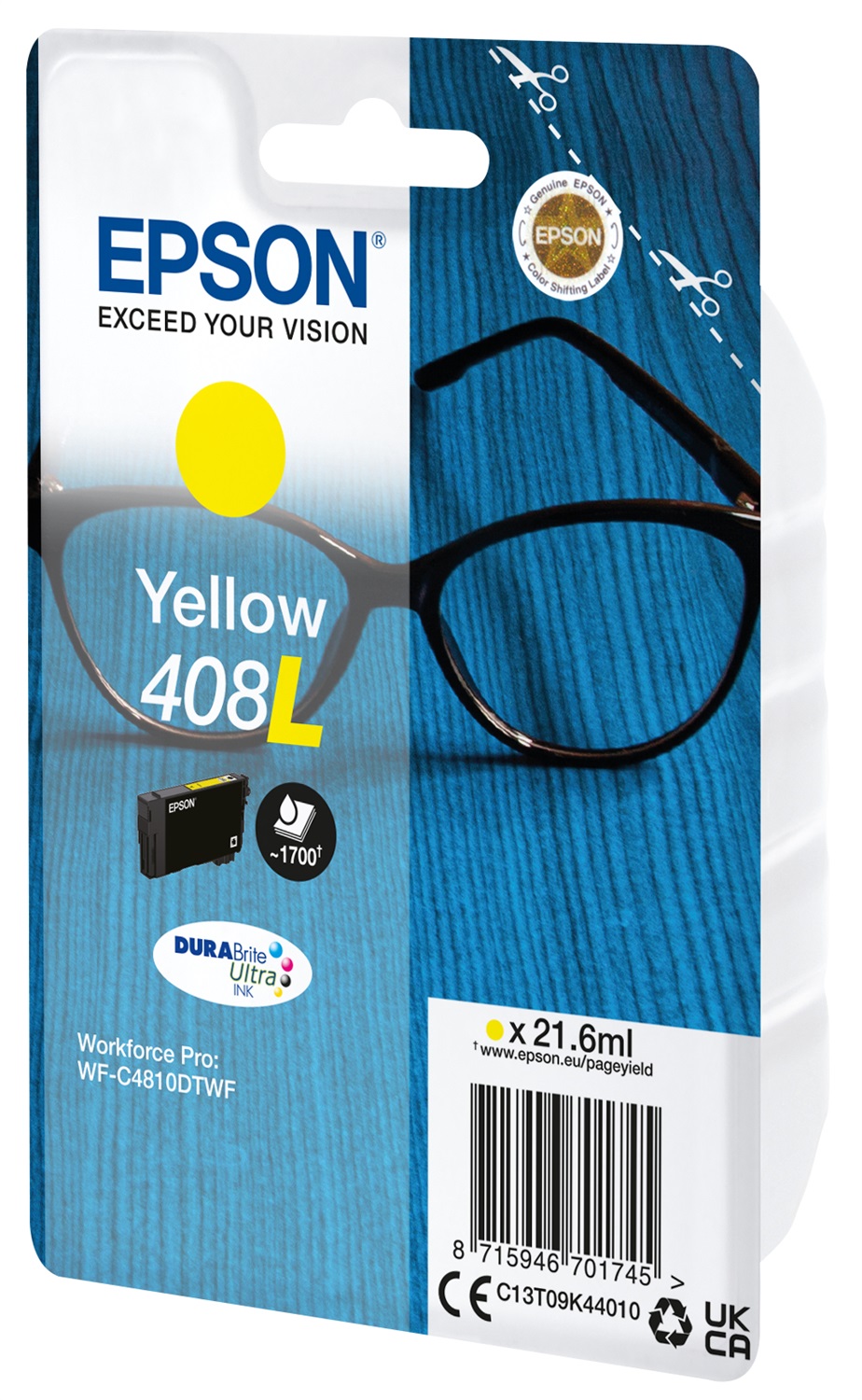 Epson Singlepack Yellow 408L DURABrite Ultra Ink - C13T09K44010, 21,6 ml, Resa elevata (XL), Inchiostro a base di pigmento, ~1700 pagine
