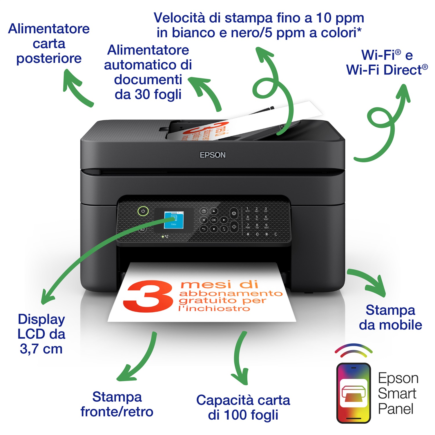 Epson WorkForce WF-2930DWF - Stampante multifunzione A4 Inkjet, Stampa, Scansione, Copia, Risoluzione 5760 x 1440 DPI, Velocità 33 ppm, WiFi Direct, ADF, Display LCD 3.7cm, 3 mesi di inchiostro incluso con ReadyPrint
