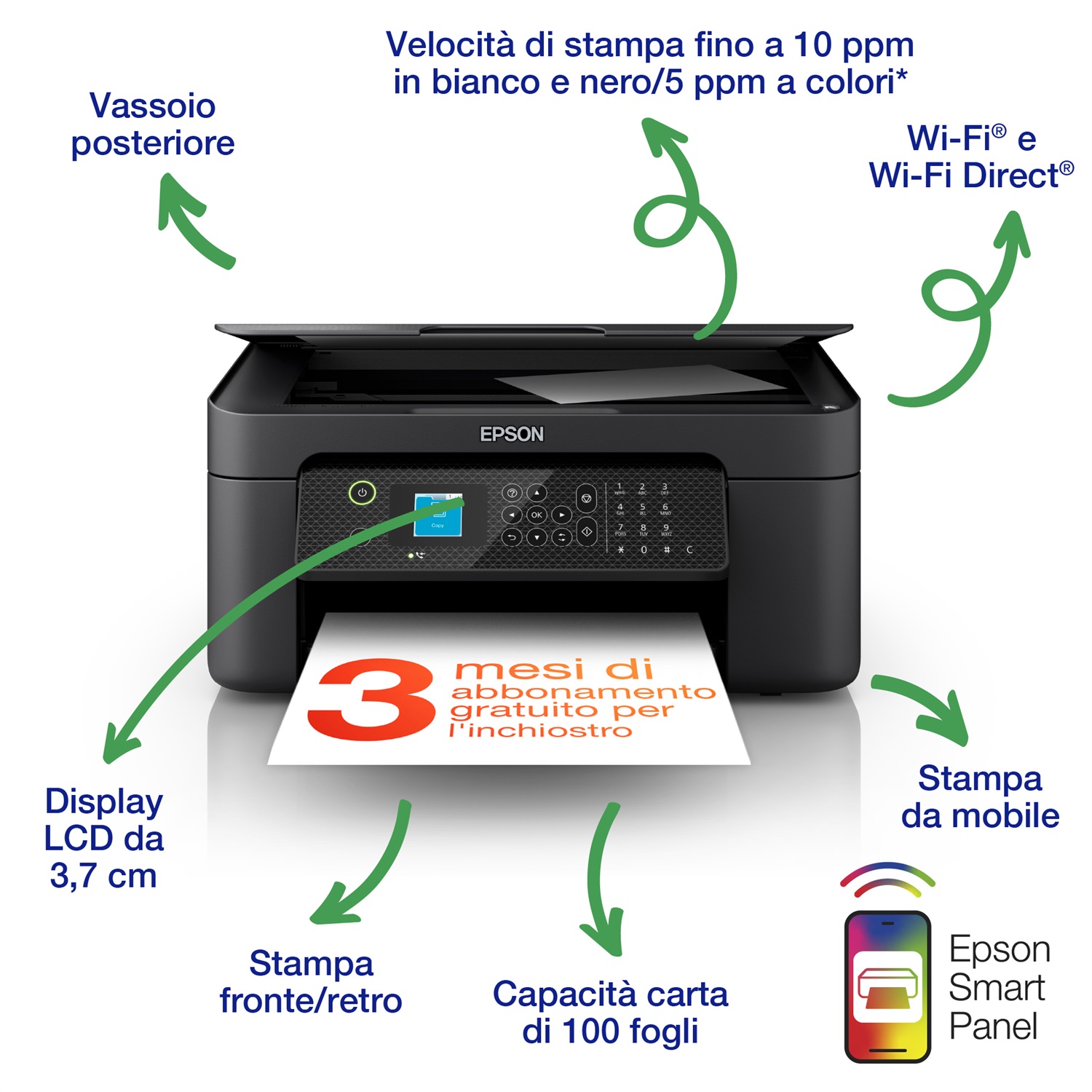 Epson WorkForce WF-2910DWF - Stampante Multifunzione A4 Inkjet (Stampa, Scansione, Copia, Fax) con Wi-Fi, LCD 3.7cm, Risoluzione 5760x1440 DPI, 33 ppm, 3 mesi inchiostro incluso