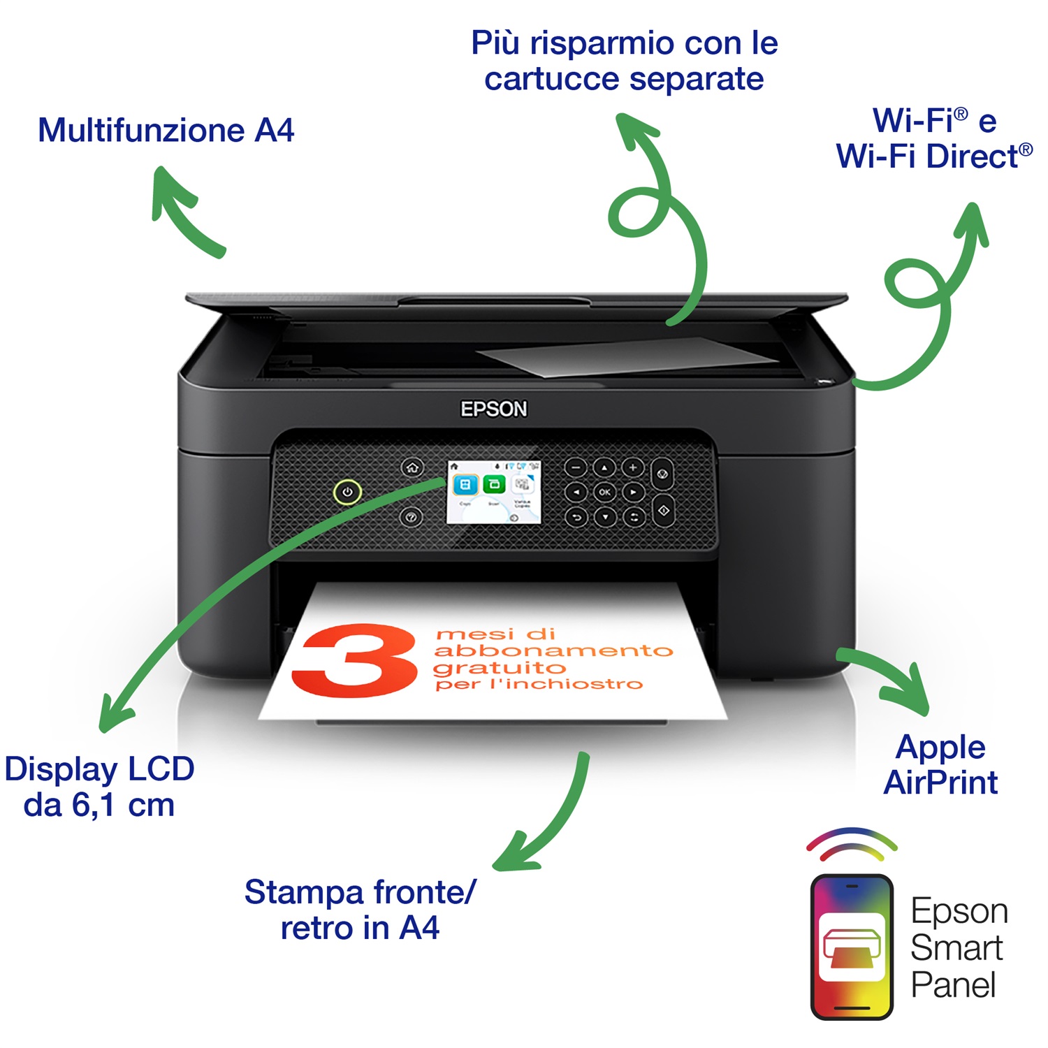 Epson Expression Home XP-4200 - Stampante multifunzione A4 getto d'inchiostro, stampa, copia, scansione, risoluzione 5760 x 1440 DPI, WiFi Direct, AirPrint, Display LCD 6.1cm, 3 mesi di inchiostro incluso