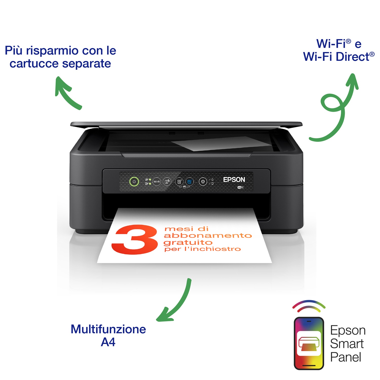 Epson Expression Home XP-2200 - Stampante multifunzione A4 getto d'inchiostro 3in1, scanner, fotocopiatrice, Wi-Fi Direct, risoluzione 5760x1440 DPI, velocità di stampa fino a 27 ppm, cartucce separate, 3 mesi di inchiostro incluso