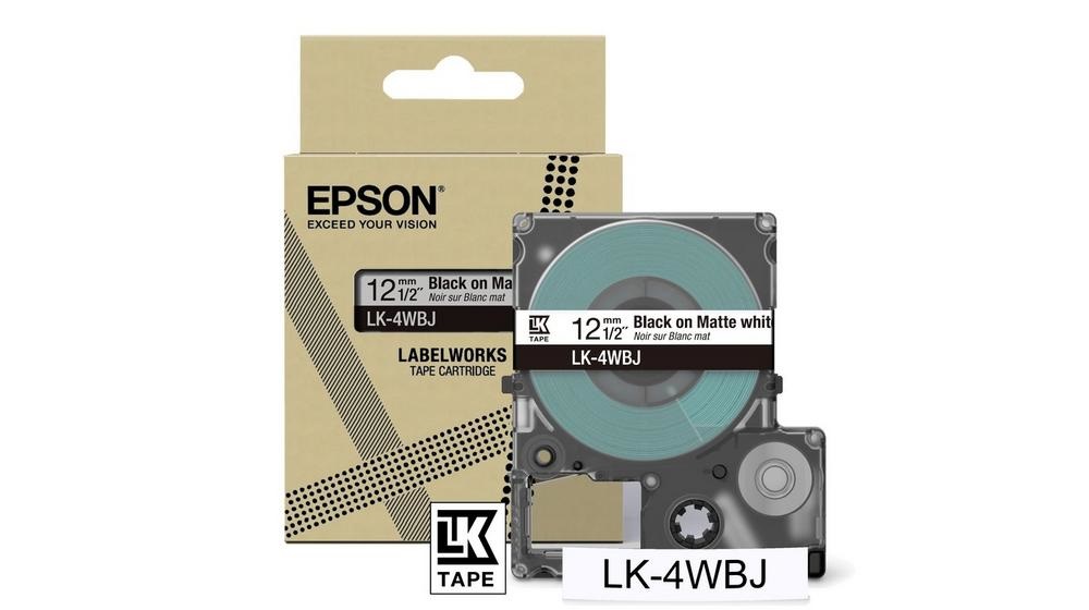 Epson LK-4WBJ Nastro Nero su Bianco, 1,2 cm, Trasferimento Termico, Opaco, Compatibile con LabelWorks LW-C410 e LW-C610