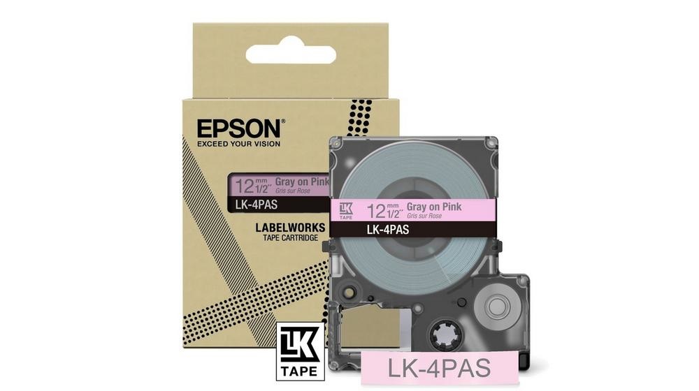 Epson LK-4PAS Nastro Grigio su Rosa - Compatibile con LabelWorks LW-C410 e LW-C610, Larghezza 1,2 cm