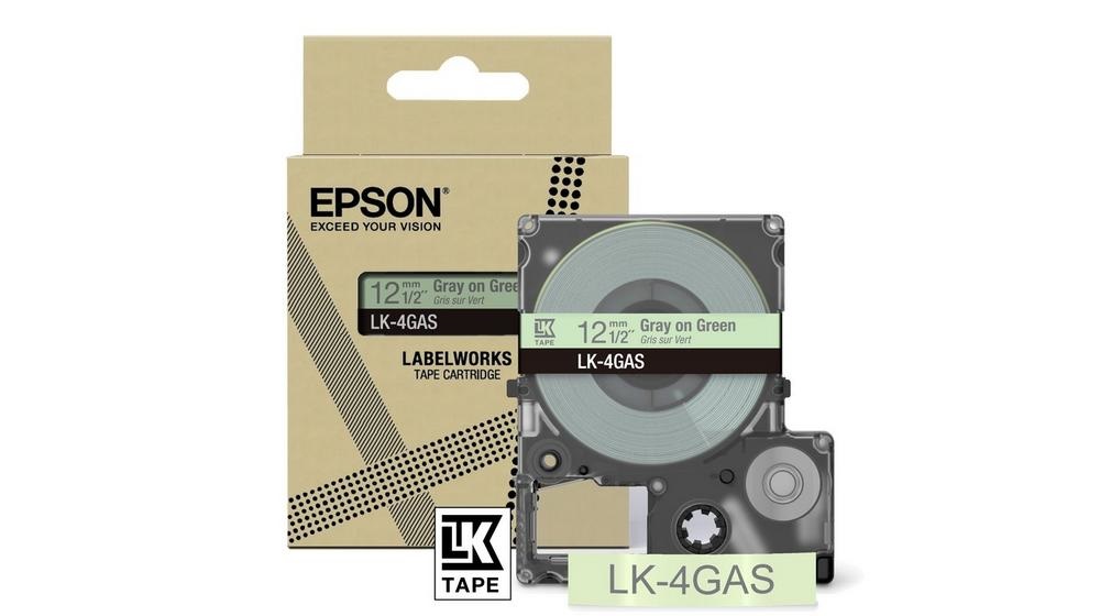 Epson LK-4GAS Nastro Grigio su Verde Chiaro - Compatibile con LabelWorks LW-C410 e LW-C610, 1,2 cm, Trasferimento Termico