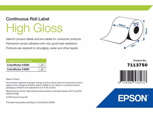 Epson High Gloss Label - Etichetta Autoadesiva Fustellata - Rotolo 102mm x 33m - Compatibile con ColorWorks C4000eBK, C4000eMK, C3500