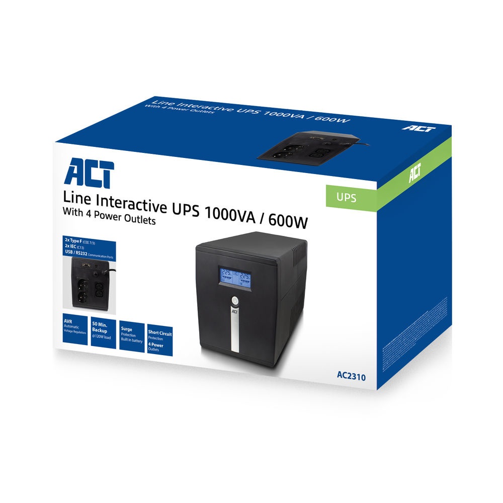 ACT AC2310 Gruppo di Continuità (UPS) Linea Interattiva 1000VA 600W con 4 Uscite AC, 1 Porta USB, 1 Porta RS232, Protezione da Sovratensioni