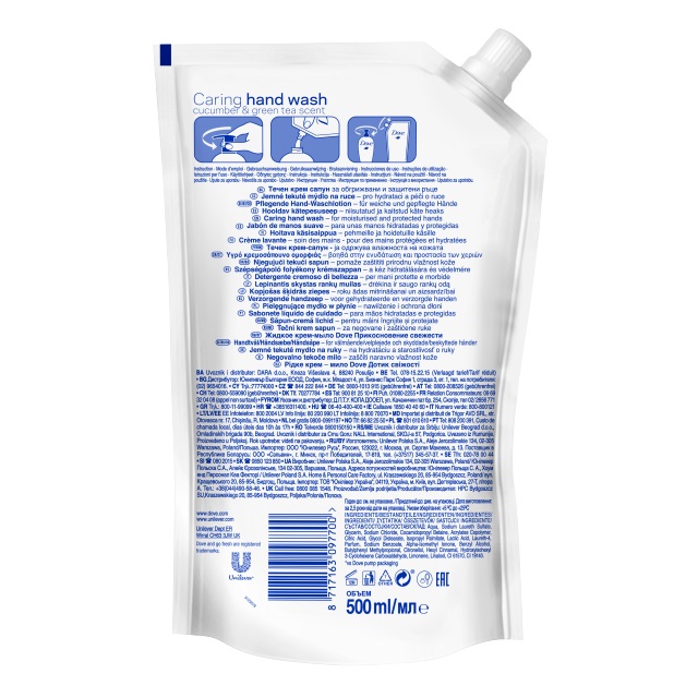Dove Go Fresh Cucumber & Green Tea Hand Wash 500 ml - Sapone liquido idratante con ¼ di crema, formula biodegradabile e profumo rinfrescante