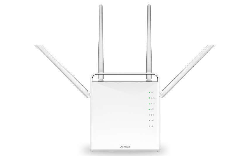 Strong Router Wifi 1200 - Dual Band, 4 Porte Ethernet, 4 Antenne, Porta USB e Slot Micro SD, Installazione Immediata, Bianco