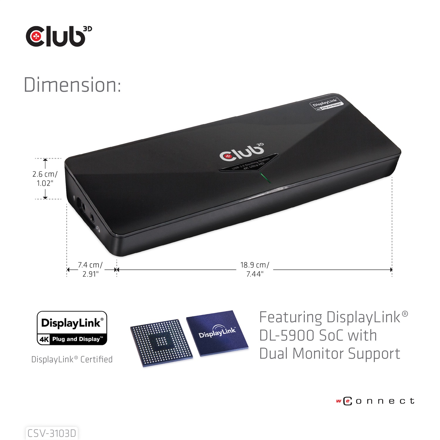 Club3D CSV-3103D Docking Station Universale USB 3.1 Gen 1 UHD 4K - Cablato, Nero, 3 Porte USB