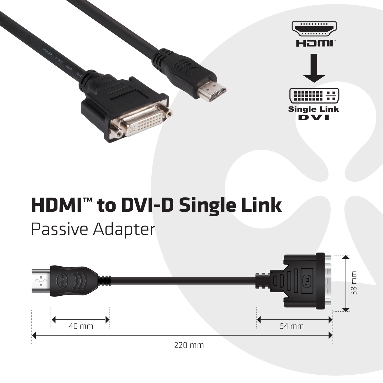 CLUB3D HDMI to DVI Single Link Passive Adapter, 0,40 m, HDMI Maschio a DVI Femmina, Risoluzione 1920 x 1200 Pixel