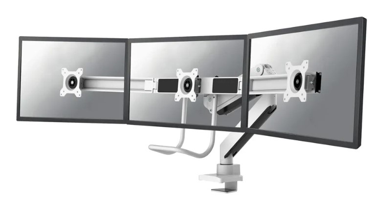 Neomounts NM-D775DX3WHITE Supporto da scrivania per monitor 17''-27'' Bianco - Capacità 6 kg, Rotazione 360°, Fissaggio Morsa/Bullone