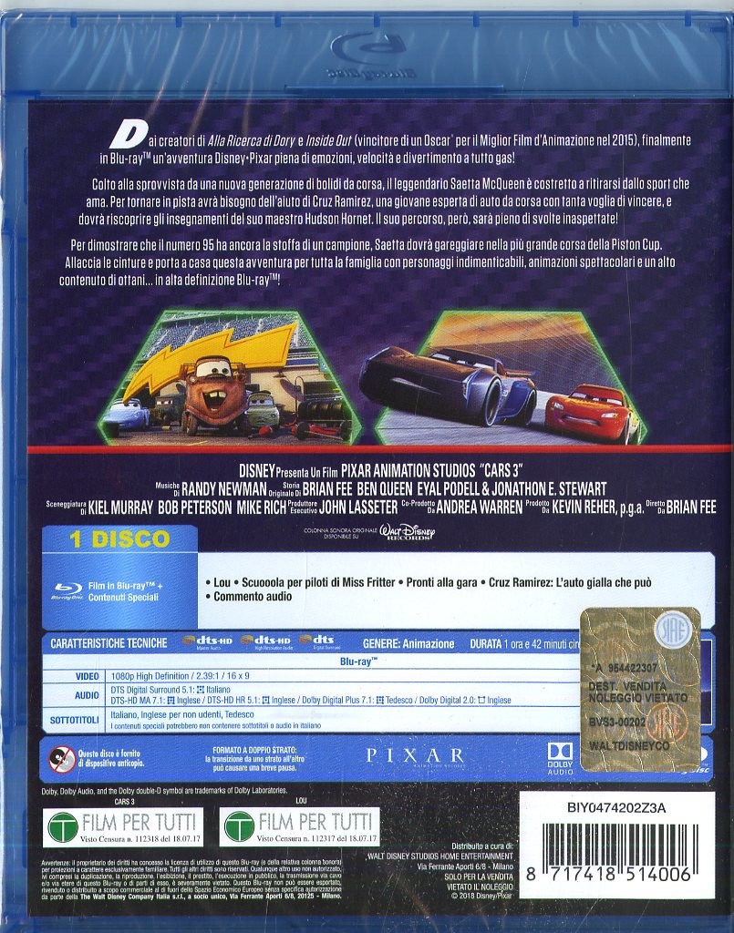 Walt Disney Pixar Cars 3 Blu-ray 2017 - Cartone Animato, Tedesca, Inglese, Italiano, Region Free