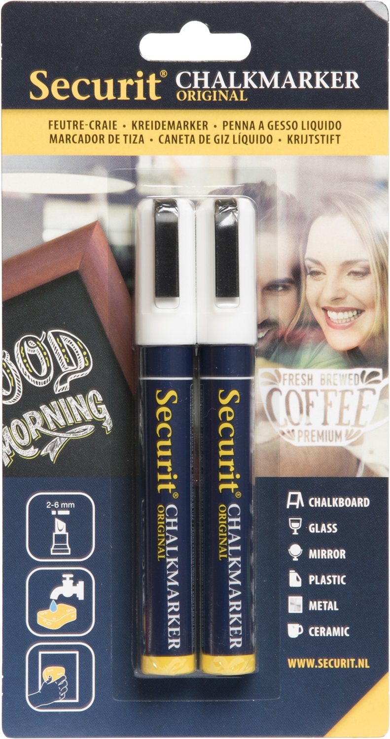 Securit Pennarelli a Gesso Liquido Bianco - Confezione da 2 Pezzi, Punta Media 2-6 mm, Ideali per Lavagne, Vetro, Metallo e Plastica