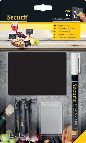 Securit Lavagne Tag A7 nere - Set da 20 pezzi con pennarello bianco e supporti inclusi