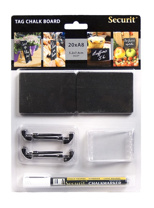 Securit® Lavagne scrivibili a gesso liquido Tag A8 nere - Set da 20 pezzi con pennarello e supporti