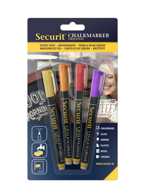 Securit Pennarelli a Gesso Liquido Assortiti Tropicali - Set da 4 Pezzi con Punta Fine 1-2mm per Lavagne e Superfici Varie