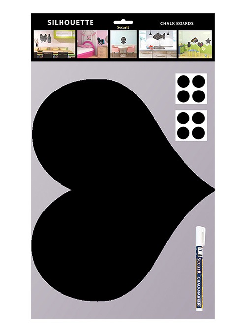 Securit Lavagna da Parete Silhouette a Forma di Cuore - 29,5 x 35,8 cm - Nero - Inclusi 1 Pennarello Bianco e 4 Adesivi a Strappo